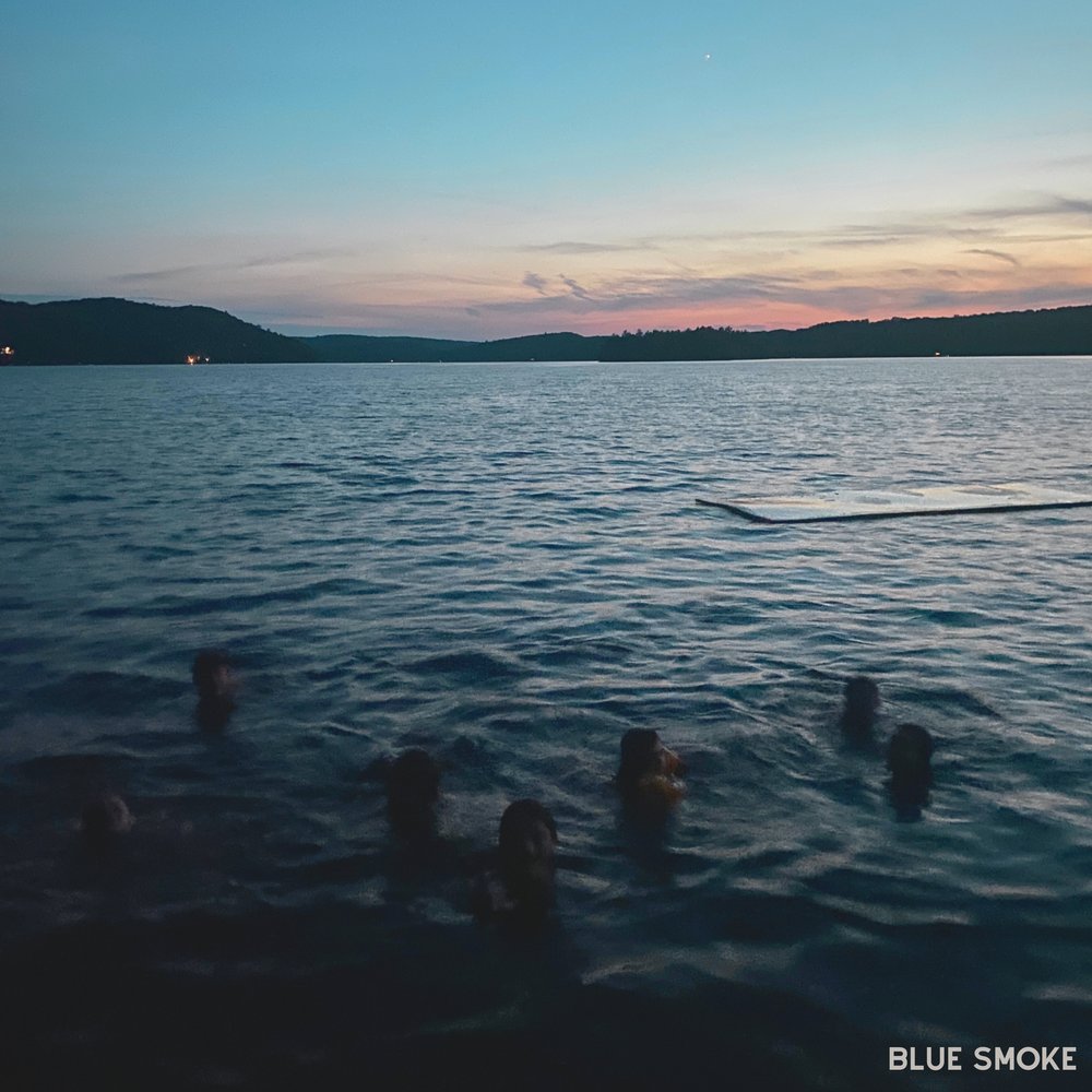 Blue Smoke single cover by Lee Watson: swimmers in a lake at dusk
